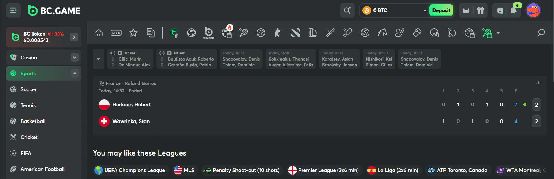 A sample of the Ui at BC.GAME sportsbook.