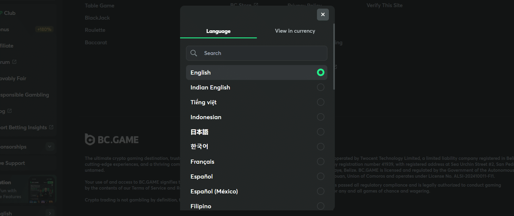 The BC.GAME UI language selector, with a few of the language options. 
