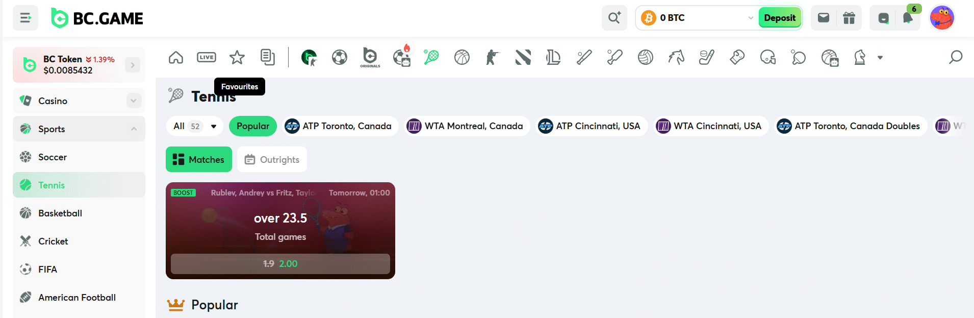The light version of the BC.GAME sportsbook, a different look. 