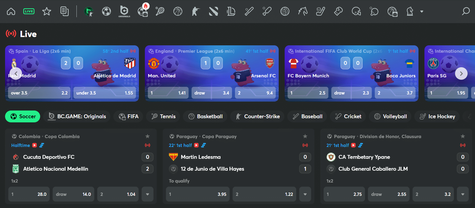 The live betting section of the BC.GAME BETBY sportsbook