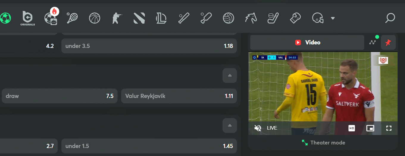 A soccer live stream airing on BC.GAME's sportsbook page