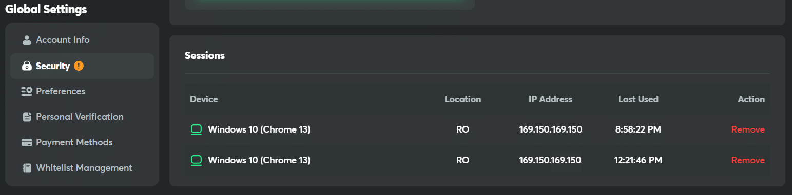 The sessions tab in the security panel in your profile settings at BC.GAME