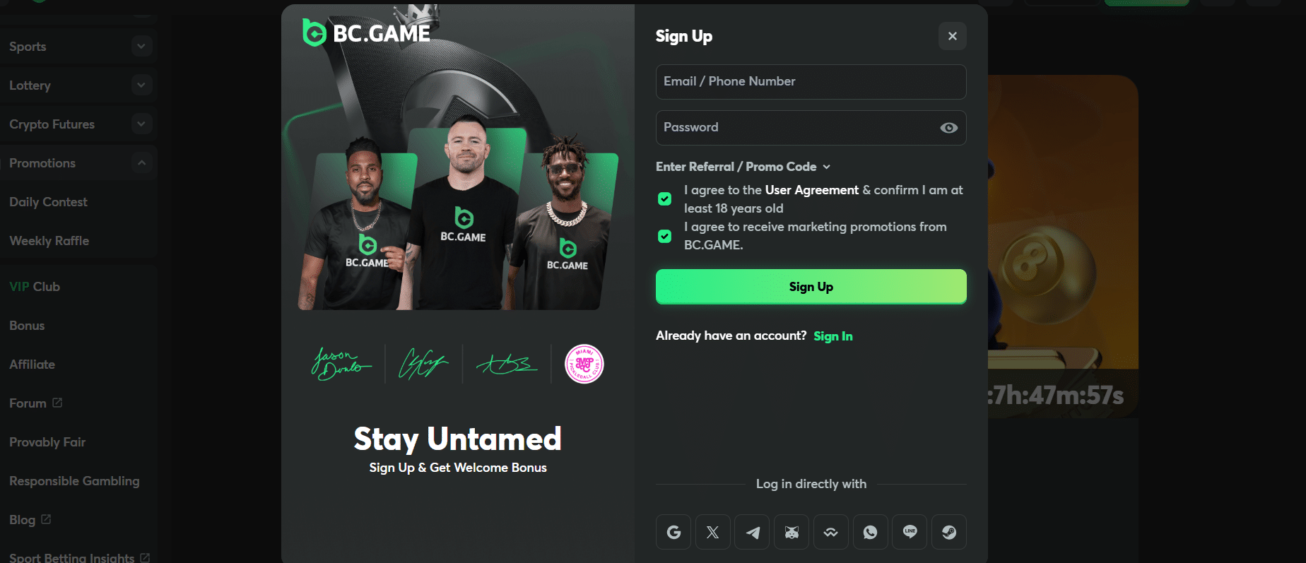 The sign-up form at BC.GAME showing the alternative account-creation options