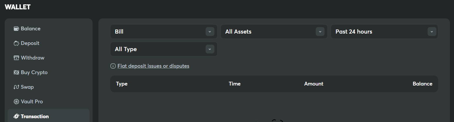 The transaction tab of the BC.GAME payment page on your profile settings page.