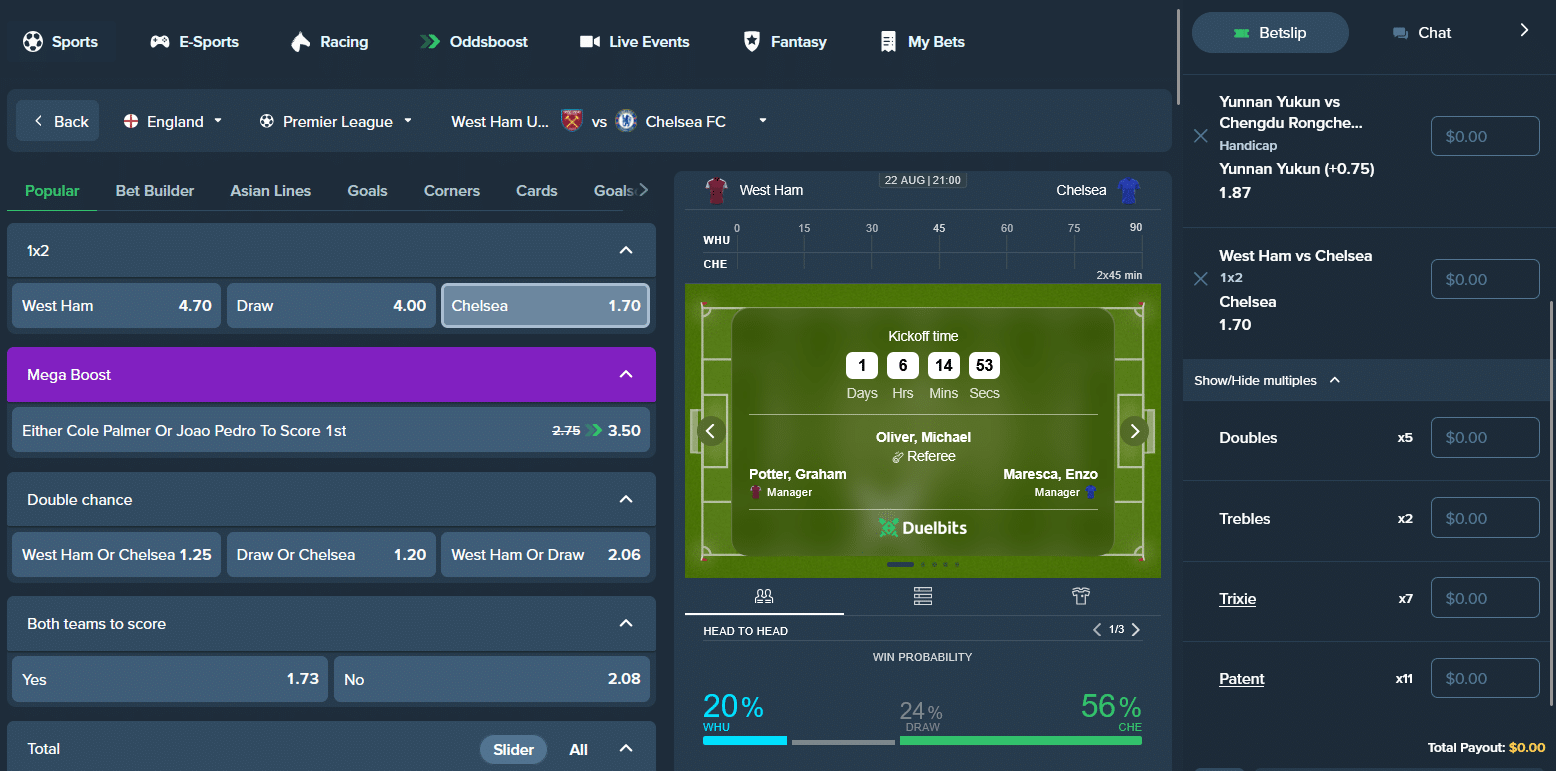 A sample of the Duelbits betting UI with an EPL game selected, the tracker feature visible and the bet slip panel.