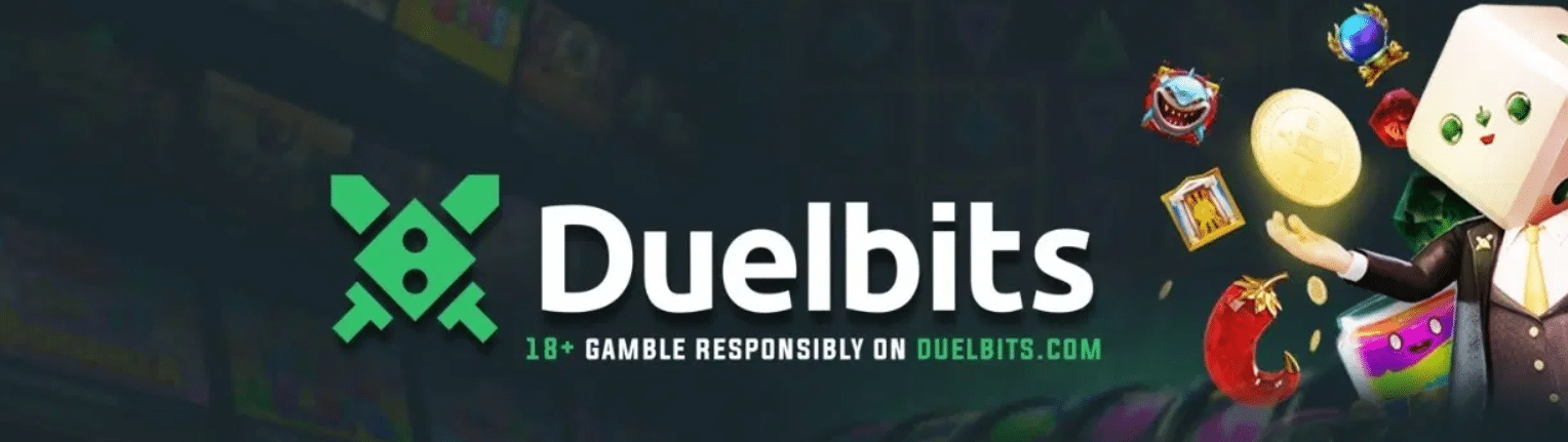 A simple promo banner from Duelbits featuring this site's mascot and advising you gamble responsibly here. 