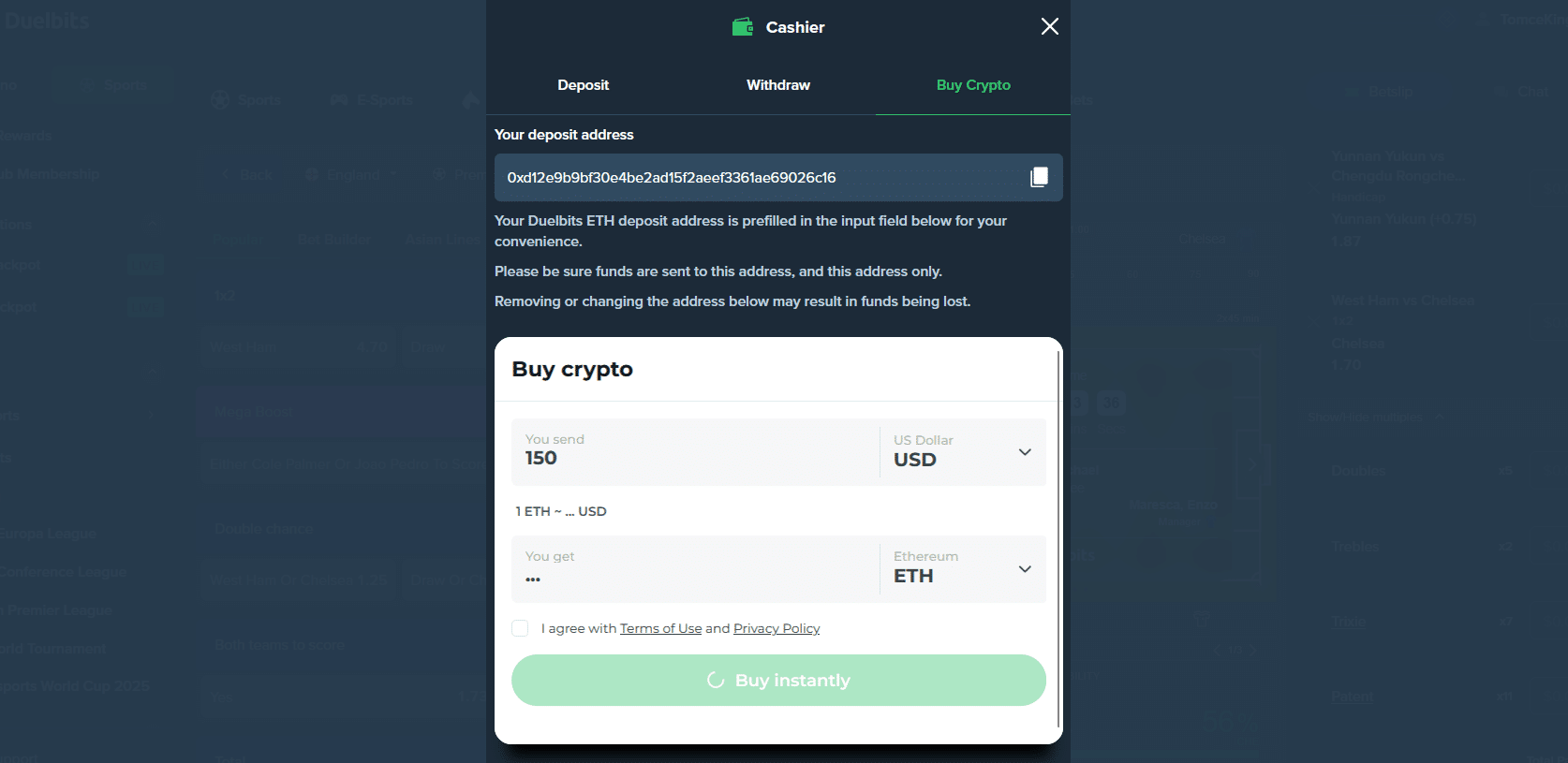 The buy crypto tab in the Duelbits payment section of the cashier window.