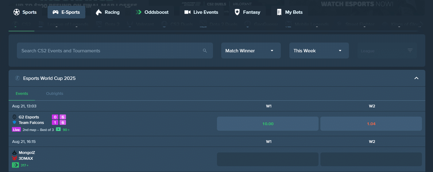 Duelbits eSports betting section in the site's sportsbook page.