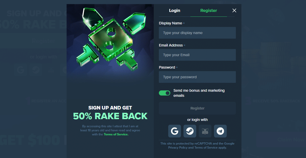The Duelbits registration form that asks for your email and offers three alternative account creation options here. 