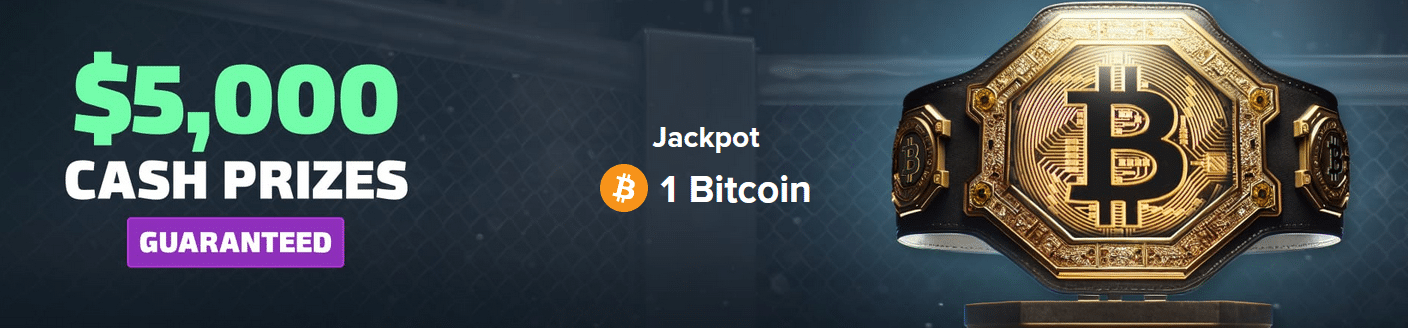 A promo banner from the Duelbits MMA Jackpot promotion that offers up to 1 BTC.