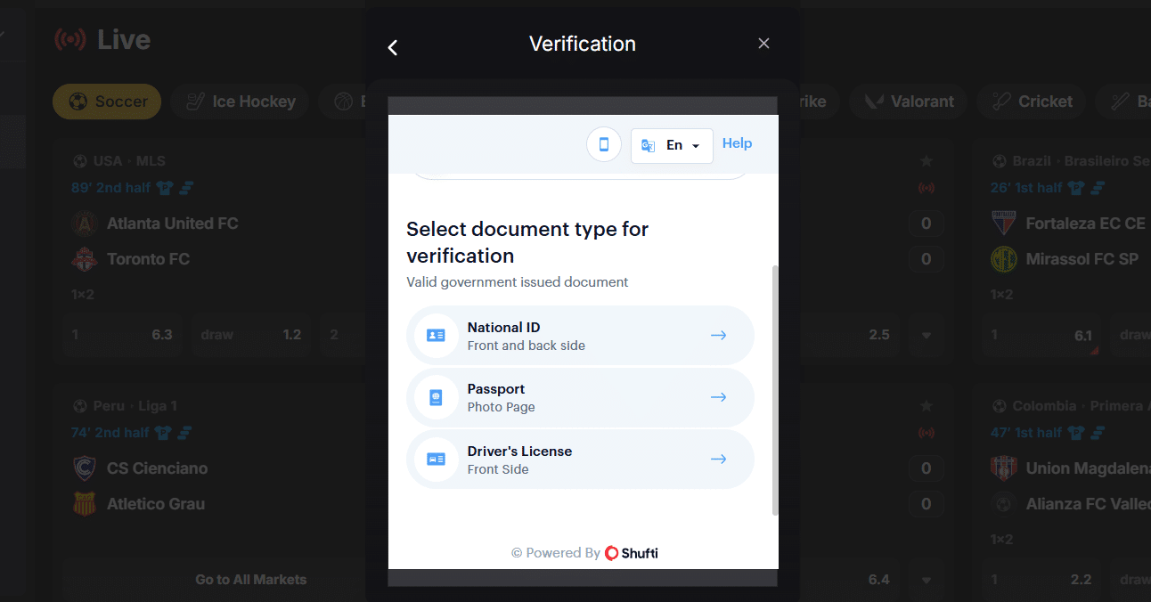 The start of the KYC process at FortuneJack which works through the Shufti third-party identity verification service.