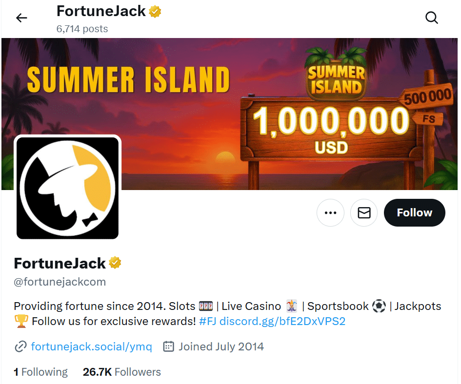 The FortuneJack official X page with its follower count visible. 