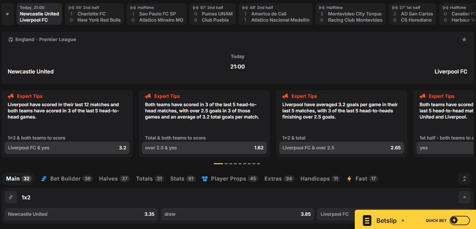 A look at the FortuneJack betting interface with the expert tips feature in view and the market categories. 