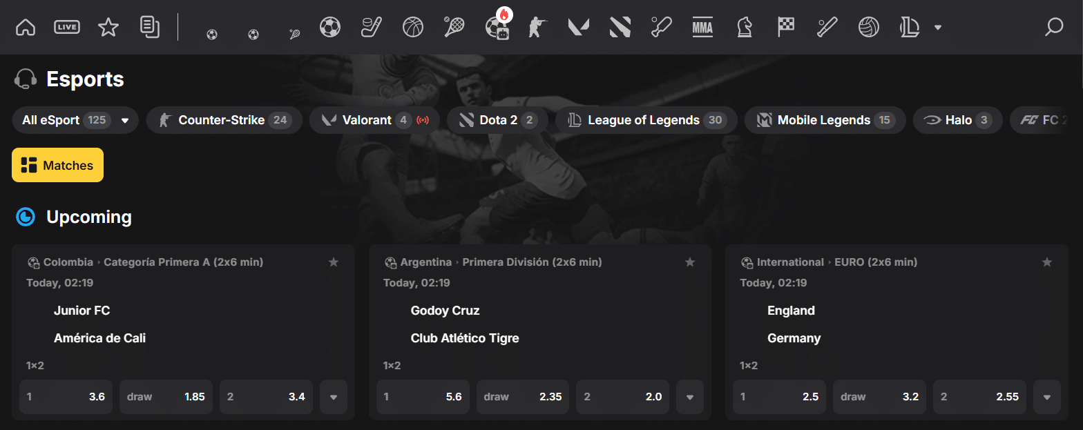 A view of the eSports betting section at FortuneJack, the established crypto sportsbook platform. 