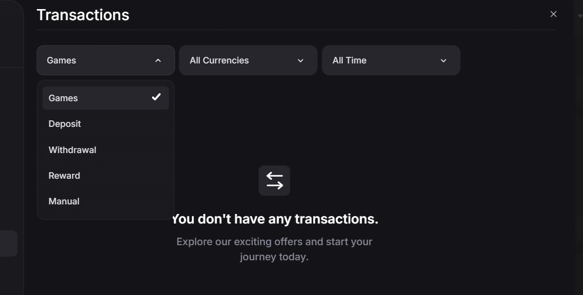 The transaction section of the user profile account window form where FortuneJack gamblers can review their transfer history. 