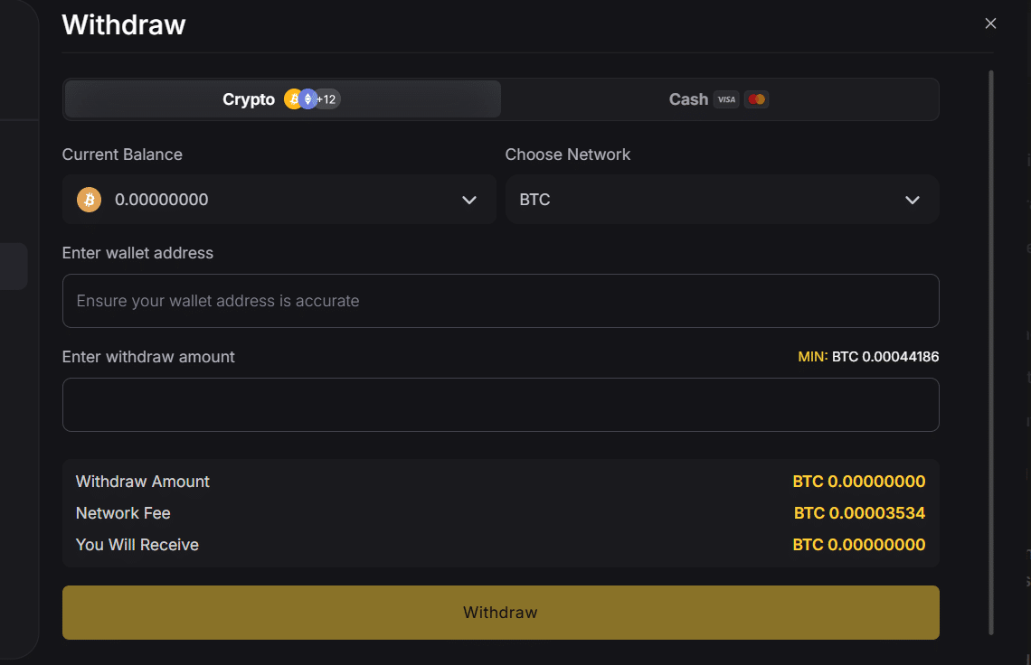 The withdrawal section of the payment window at the FortuneJack sportsbook for quick payouts.