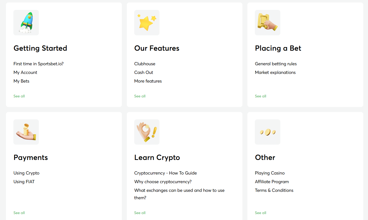 A screenshot of the Sportsbet.io help center page and its main categories.