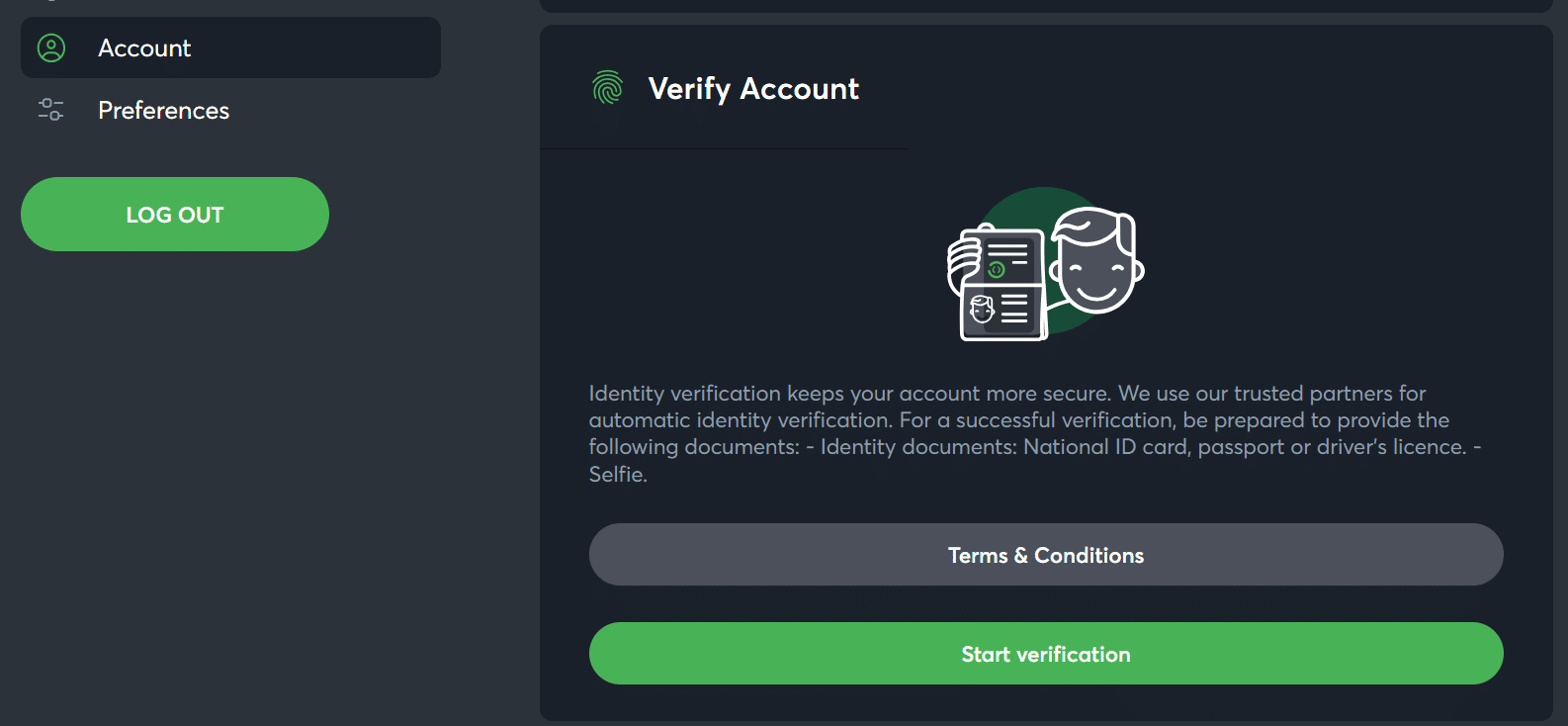 A look at the profile identity verification section for quick KYC completion.