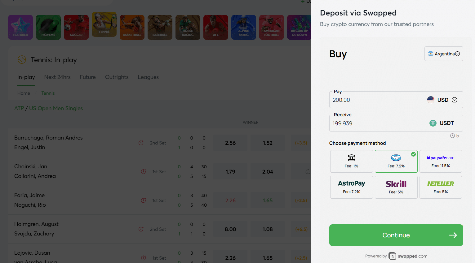 A look at the Swapped buy crypto option at Sportsbet.io's payment window. 