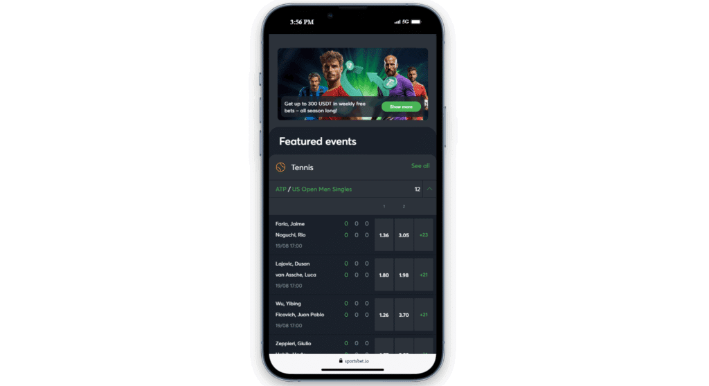 A view of Sportsbet.io on a smartphone, the UI of the Sportsbet.io mobile version.