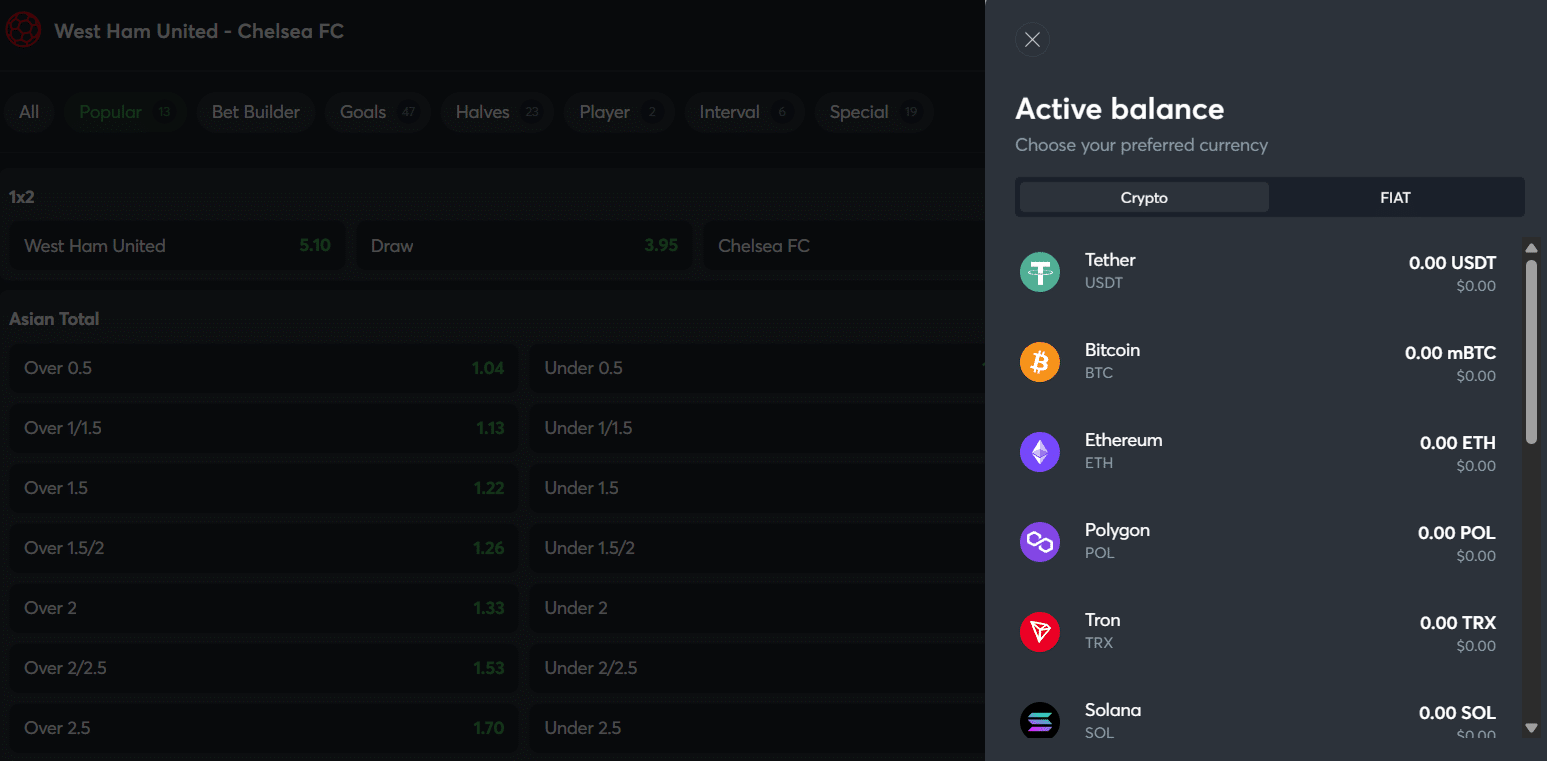 A few of the crypto deposit options presented inside the Sportsbet.io payment window.
