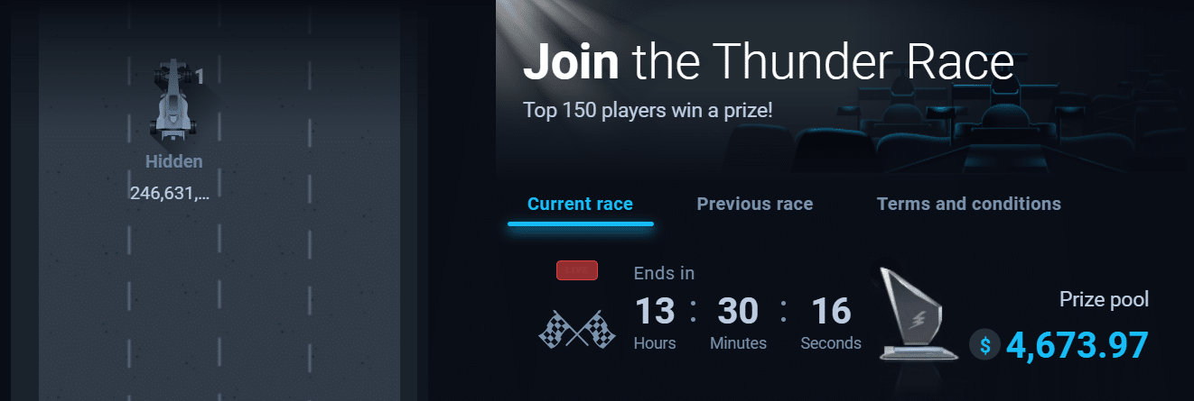 A sample of the Thunder Race page with an active betting contest running at Thunderpick.