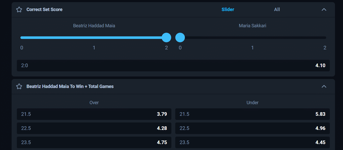 The market selector for tennis with correct set score market sliders at Thunderpick, showing the user interface of the betting solution.