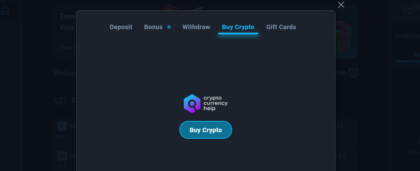 A look at the buy crypto tab in the Thunderpick payment window that leads users to an app download page.