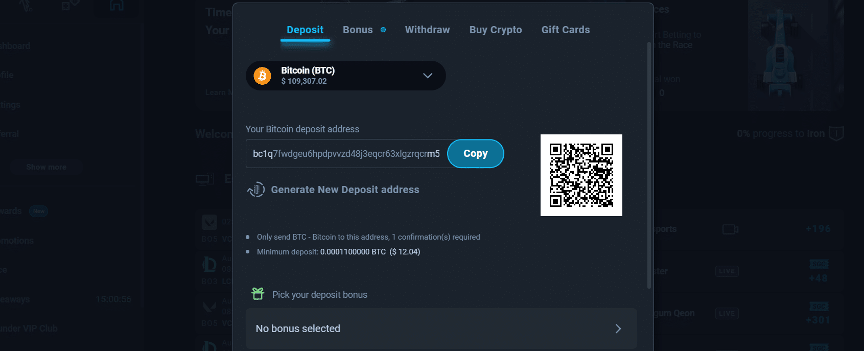 The deposit tab of the Thunderpick payment window.