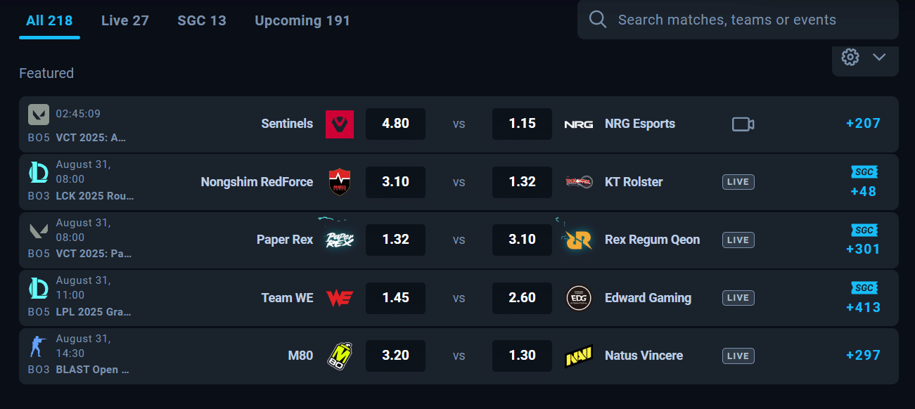 Thunderpick's eSports betting section for wagering on top video game contests.