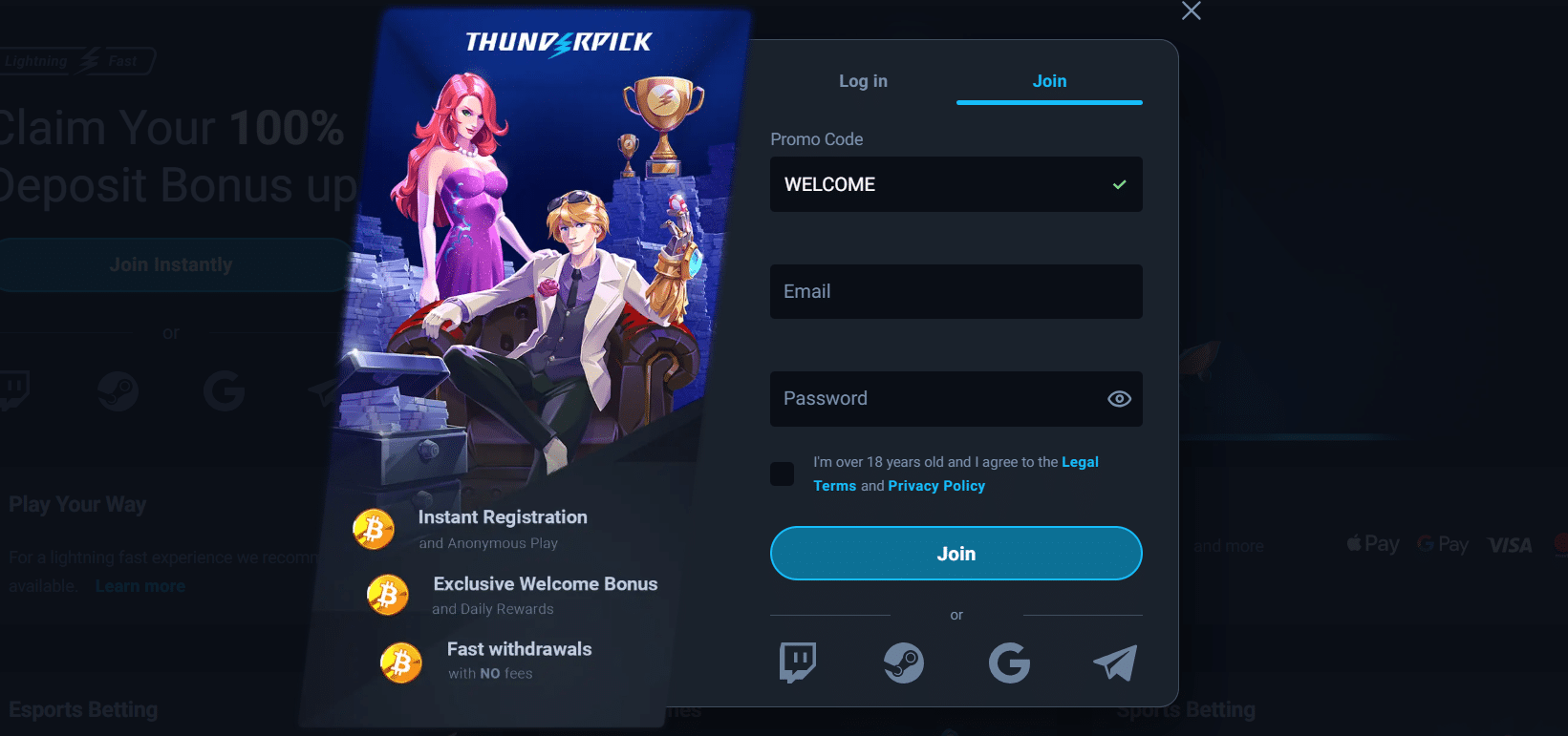 The Thunderpick sign-up form for joining Thunderpick.io.