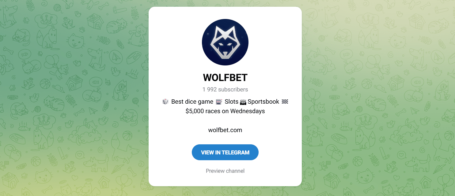 The Wolf.Bet Telegram channel with its member count visible.