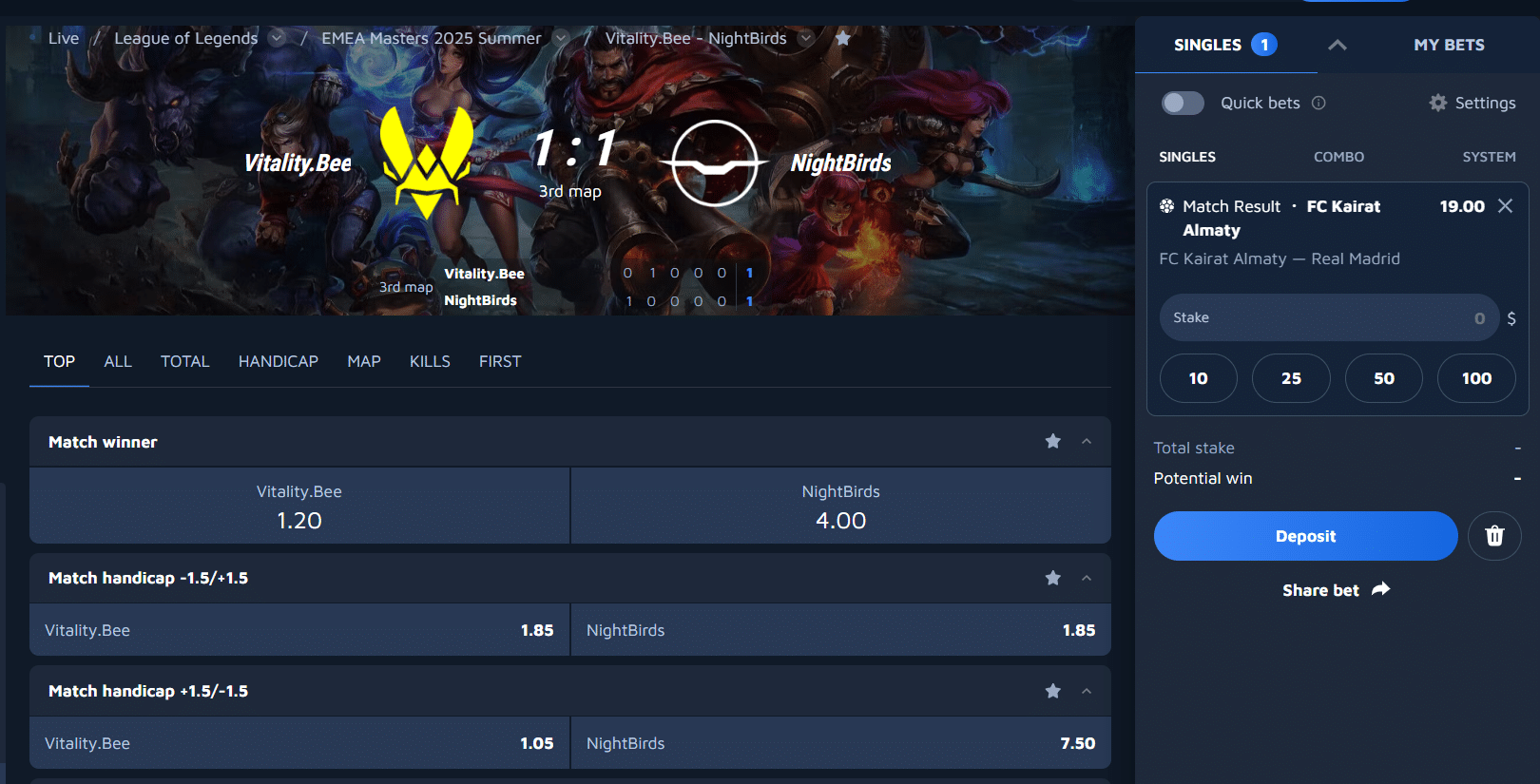 A look at the betting user interface at Wolf.Bet sportsbook. 