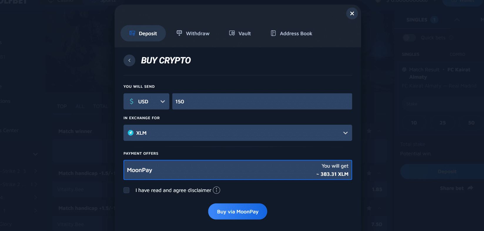 The buy crypto window at Wolf.Bet for purchasing cryptocurrencies. 