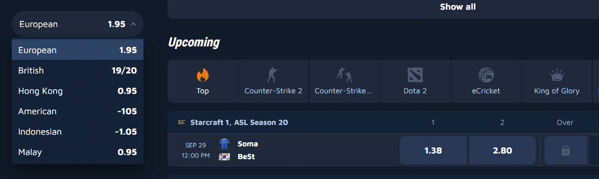 A look at the Wolf.Bet sportsbook odds format selector.