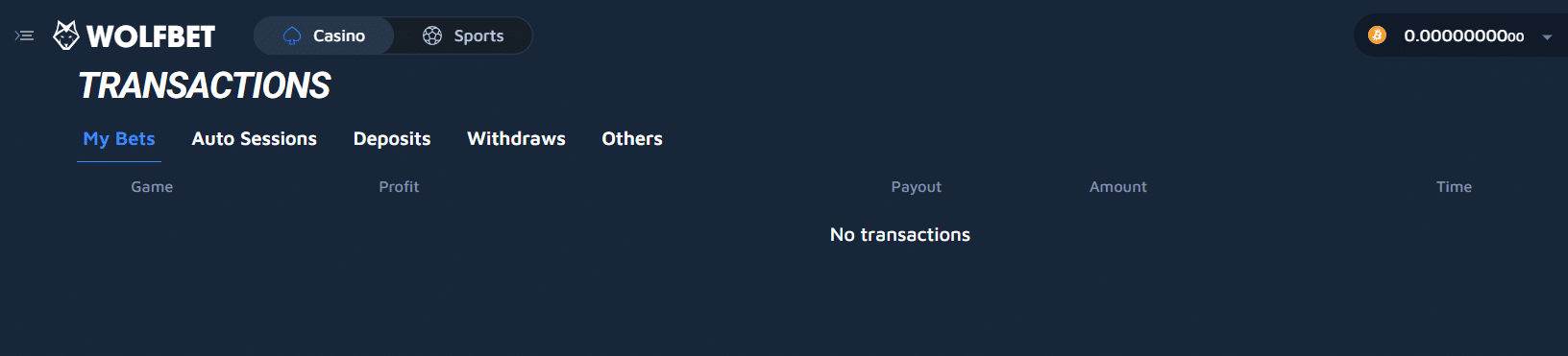 The transaction page at Wolf.Bet for monitoring coin-based transfers with this site. 