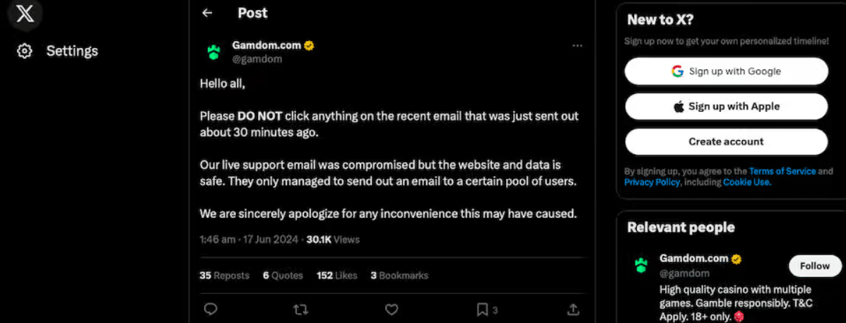 A note on the Gamdom  X page about a past live email breach of this platform. 