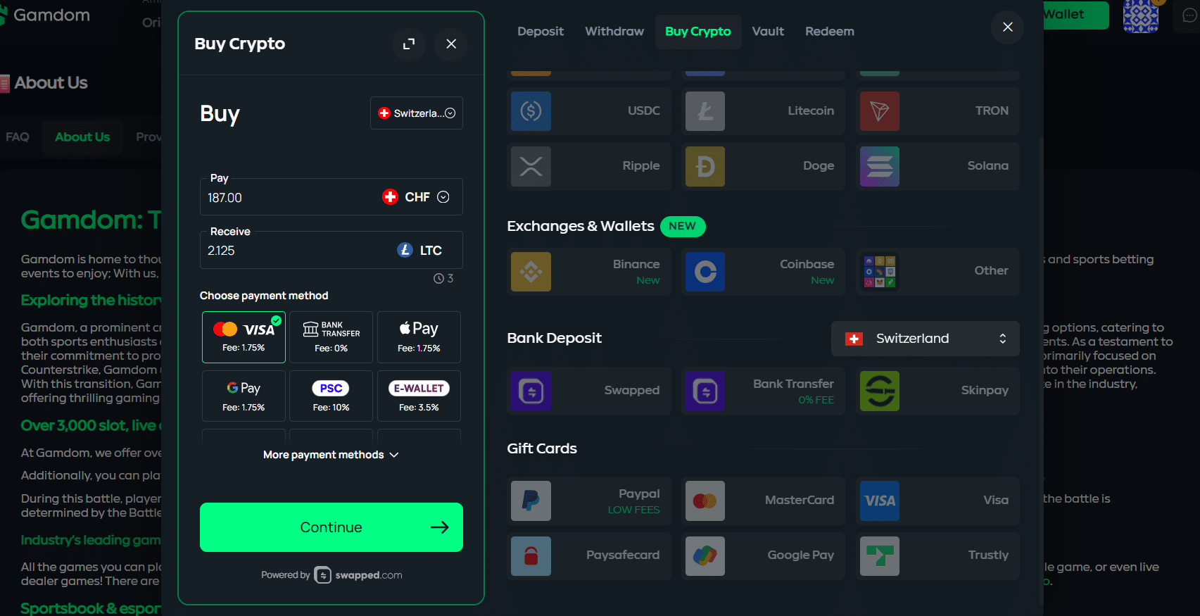 A look at the buy crypto tab in the Gamdom payment window. 