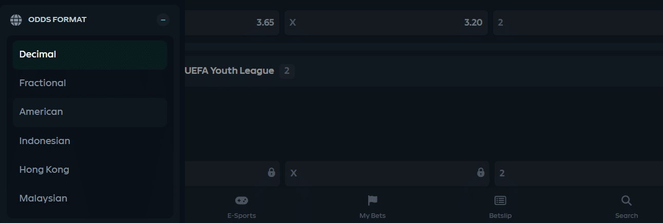 The odds selector at the Gamdom sportsbook. 