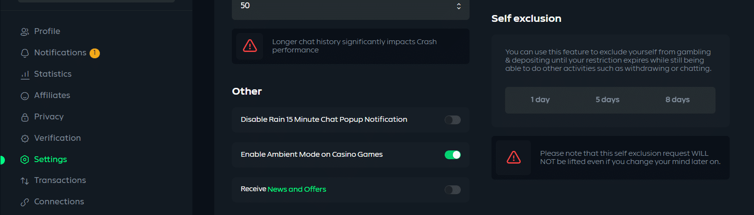 The self-exclusion panel at Gamdom's profile page visible. 