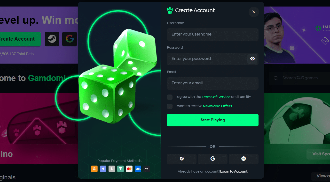 The Gamdom sign-up form for account creation.