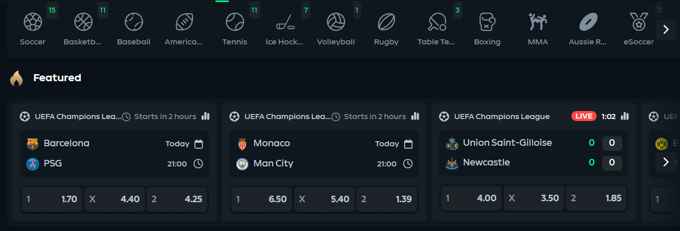 A look into the top bar sports selector at the Gamdom gambling site. 