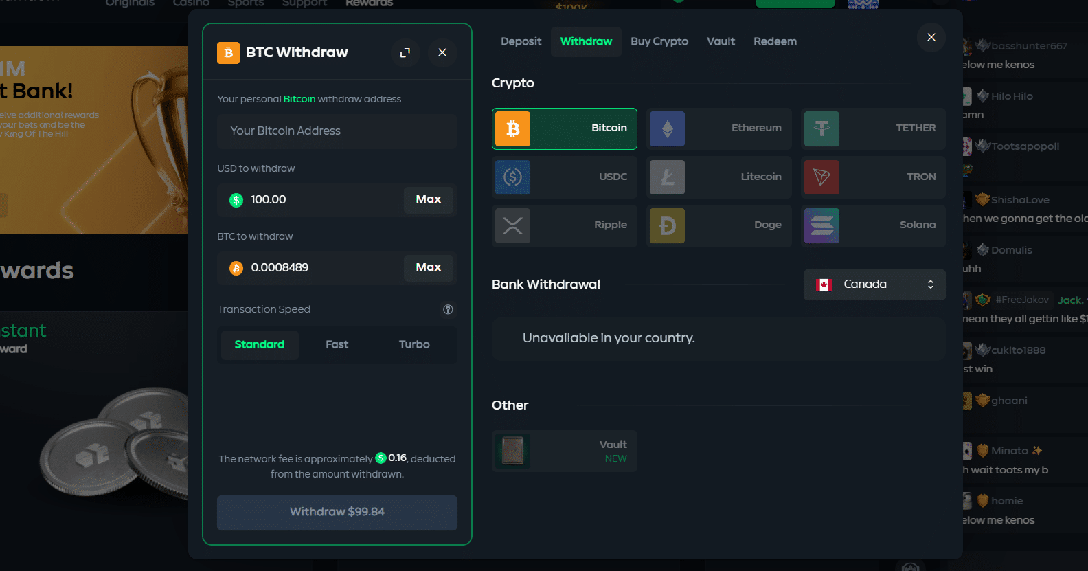 The Gamdom withdrawal tab in this site's payment window. 