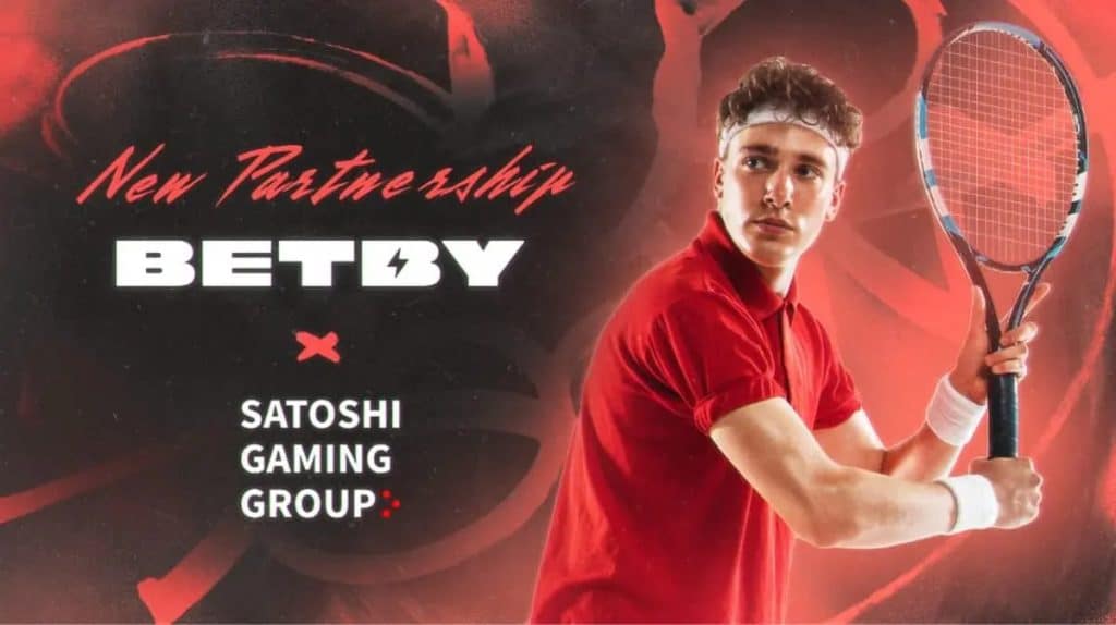 A promo banner advertising the partnership between BETBY and the Satoshi Gaming Group the operator of TRUSTDICE.