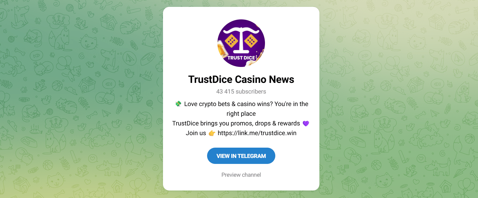 The TrustDice Telegram channel with its subscriber count visible.