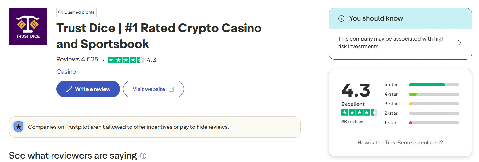The Trustpilot page for TrustDice with the rating on this site on that platform visible.