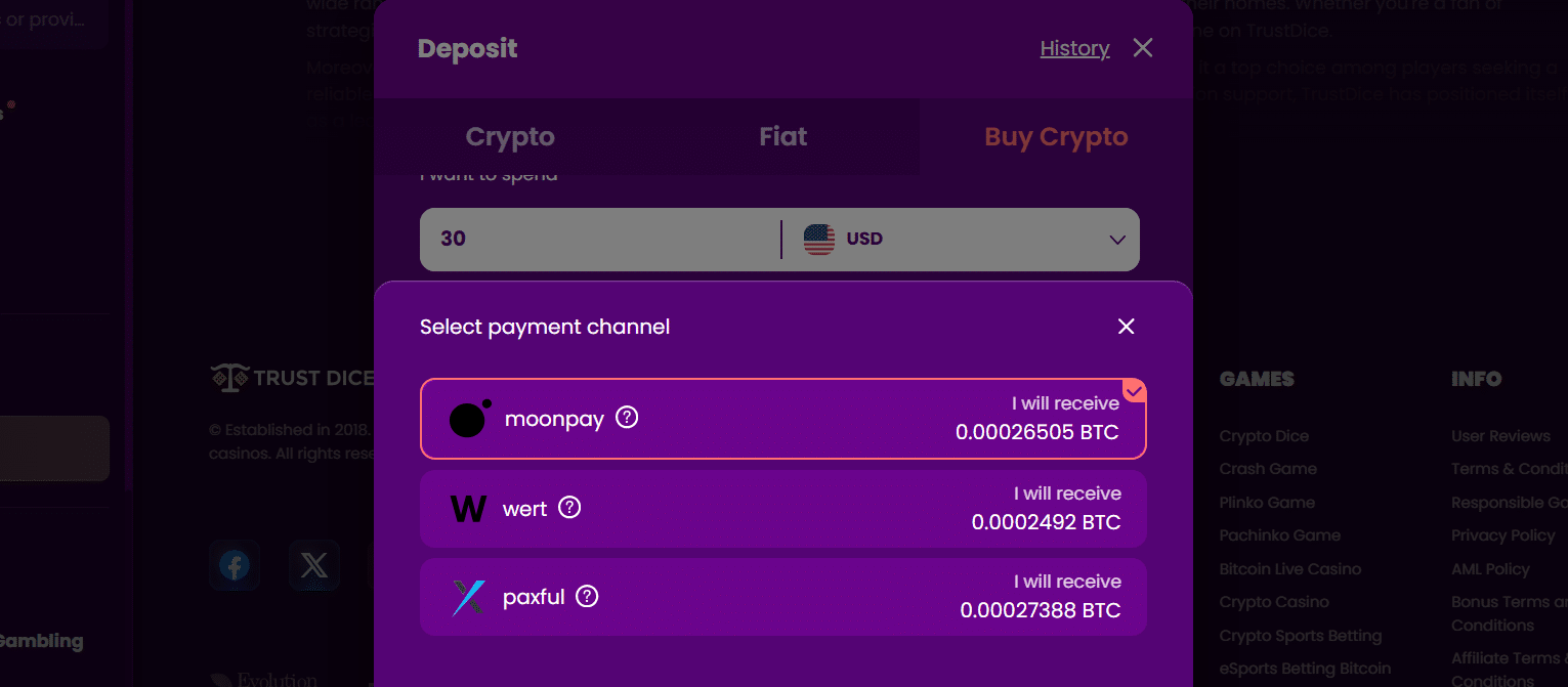 The TrustDice buy crypto tab in the site's payment window.