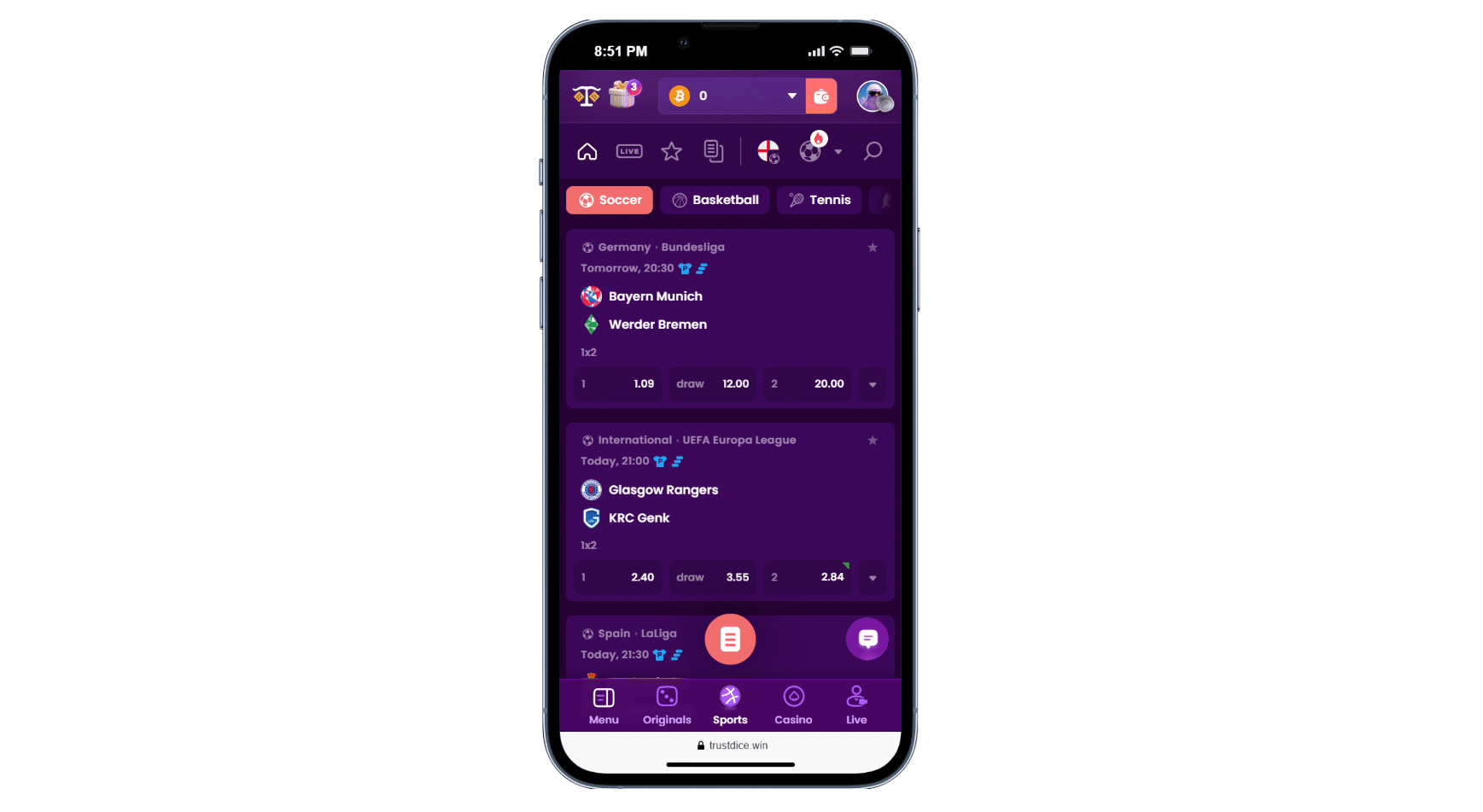 A look at the TrustDice mobile version with the sportsbook section opened.