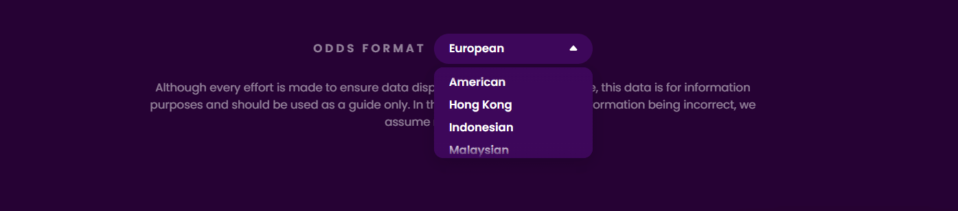 The odds format selector at TrustDice giving you six options.