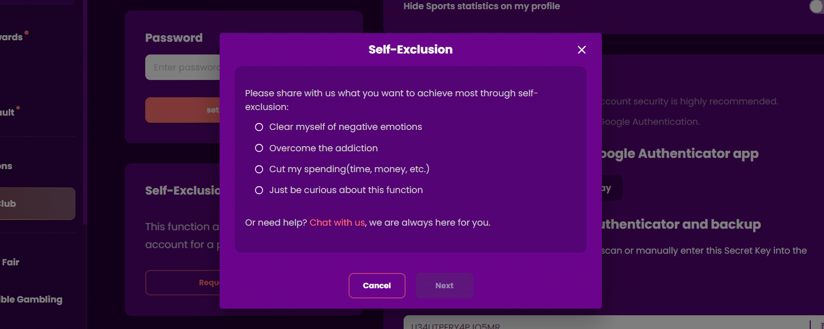 The TrustDice self-exclusion window allowing you to take a break from this site.